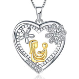 Silver Flower Love Heart Mother Daughter Necklace 