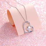 925 Sterling Silver Mother and Child Necklace Rabbit Pendant with Love Message Cute Animal Jewelry