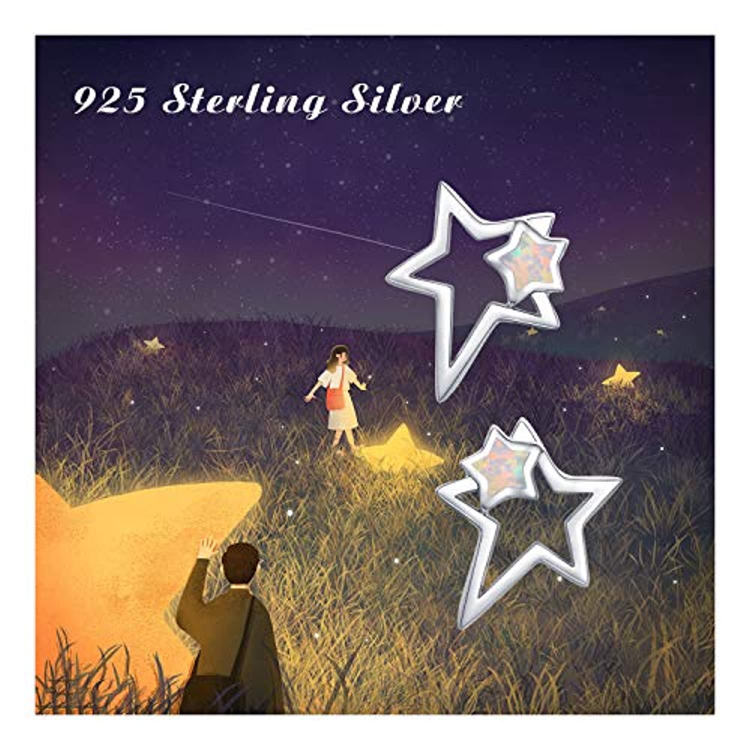 S925 Sterling Sliver Opal Double Star Stud  Earrings  Fashion Jewelry Gift for Women
