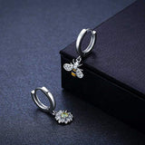 925 Sterling Silver Bee and Daisy Huggies Hoops Dangling Earrings Mismatched Earrings for Women