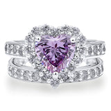 Rhodium Plated Sterling Silver Purple Heart Shaped Cubic Zirconia CZ Statement Halo Engagement Wedding Ring Set