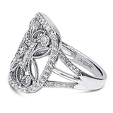 Rhodium Plated Sterling Silver Cubic Zirconia CZ Statement Art Deco Flower Cocktail Fashion Right Hand Ring