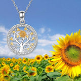 Tree of Life Necklace, S925 Sterling Silver Family Tree of Life Pendant Necklace with 14K Gold Plated Sunflower for Women Daughter Wife Mother on Birthday Anniversary