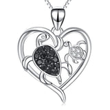 Silver Mother and Daughter Son Sea Turtle Heart Pendant Necklace