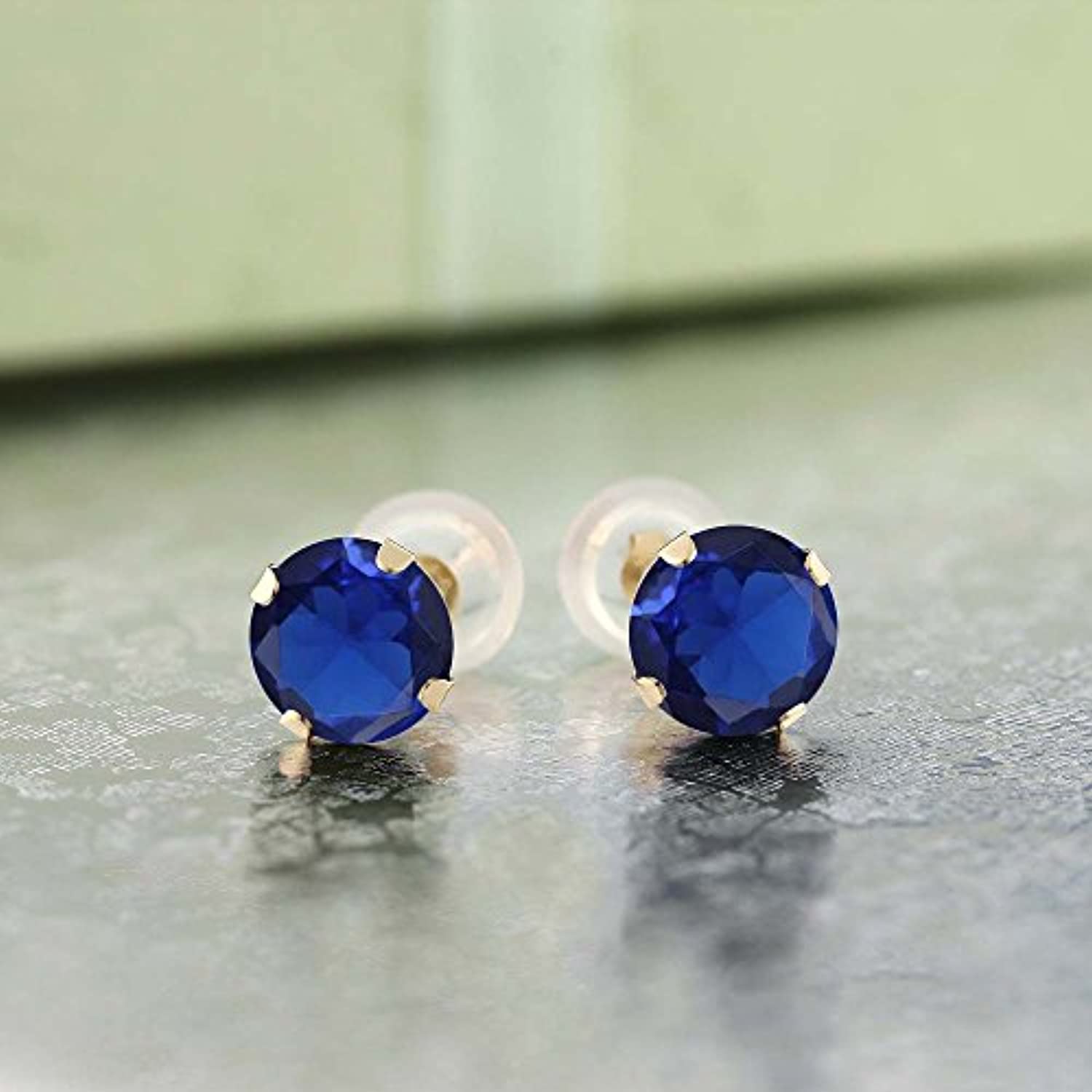 14K  Gold Blue Created Sapphire Stud  Earrings For Women