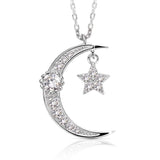 14K White Gold Plated S925 Sterling Silver Black Cubic Zirconia CZ Moon Stars Pendant Necklace Fine Jewelry
