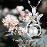 7-8mm Handpicked White Freshwater Cultured Pearl Necklace s925 Sterling Silver Sunflower & Daisy Flower Pendant Necklace for Women Teen Girls Birthday