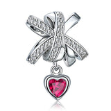  Silver Ribbon Bow Danlge Charm with CZ Heart Charm