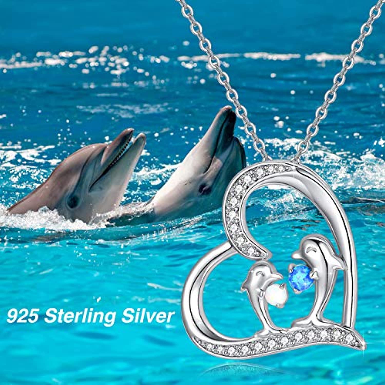Sterling Silver Dolphin Necklace, Lovely Happy Dolphin Play Ball Love Heart Pendant with Zirconia Opal Necklace I Love You  Jewellery Gift for Women Girlfriend Mom