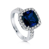 Rhodium Plated Sterling Silver Simulated Blue Sapphire Cushion Cut Cubic Zirconia CZ Statement Halo Cocktail Fashion Right Hand Ring