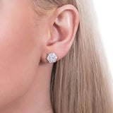 Rhodium Plated Sterling Silver Round Cubic Zirconia CZ Flower Halo Anniversary Wedding Stud Earrings