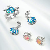 Created Blue Opal Nautical Tropical Beach Clam Sea Shell Stud Earrings For Women Sea Life 925 Sterling Silver