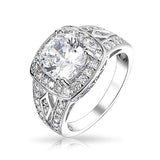 Art Deco Style 4CT Square Cushion Cut Solitaire 925 Sterling Silver Pave Halo CZ Engagement Ring Split Wide Band