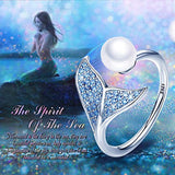 Mermaid Tail &Pearl Toe Rings , S925 Sterling Silver Dolphin Tail Adjustable Finger Ring for Women Open Ring with Blue Cubic Zirconia& Pearl