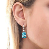 Rhodium Plated Sterling Silver Blue Cushion Cut Cubic Zirconia CZ Statement Solitaire Leverback Anniversary Wedding Dangle Drop Earrings