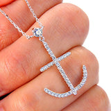 925 Sterling Silver Cubic Zirconia Nautical Theme Ship Anchor Pendant Necklace Clear