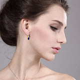 14K Gold Blue Sapphire and White Created Sapphire Oval Gemstone Birthstone Hoop Earrings