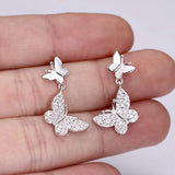 925 Sterling Silver Pave CZ Elegant Butterflies Party Pierced Dangle Earrings Clear