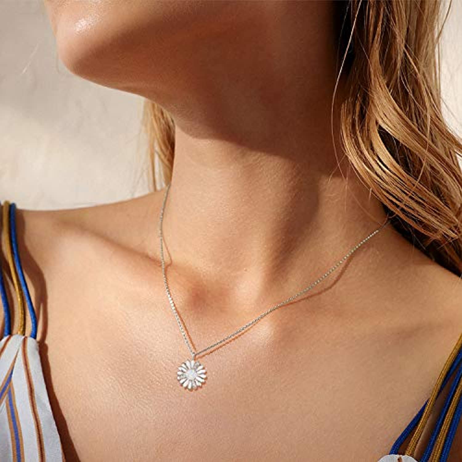 Daisy Flower Necklace For Women 925 Sterling Silver Cubic Zirconia Opal Blossom Daisy Pendant Necklace