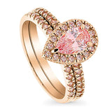 Rhodium and Rose Gold Plated Sterling Silver Halo Engagement Wedding Ring Set Made with Zirconia Morganite Color Pear Cut
