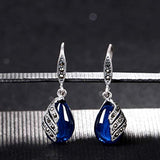 925 Sterling Silver Garnet Gemstone Crystal Art Nouveau Inlay Teardrop Hook Earrings