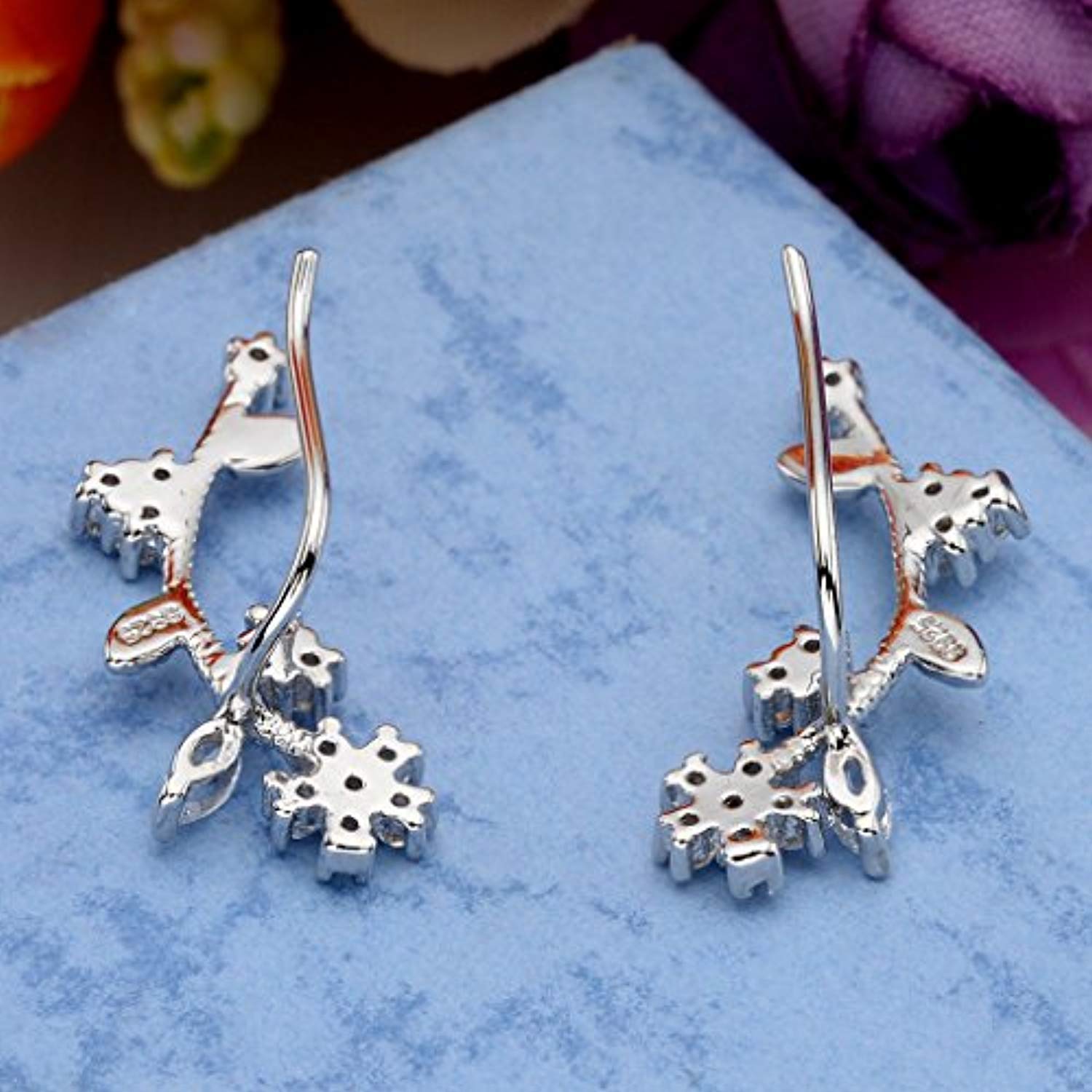 925 Sterling Silver Cubic Zirconia Wedding Flower Ear Sweep Cuff Hook Earrings