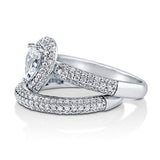 Rhodium Plated Sterling Silver Pear Cut Cubic Zirconia CZ Halo Engagement Wedding Ring Set