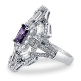 Rhodium Plated Sterling Silver Simulated Amethyst Cubic Zirconia CZ Statement Art Deco Cocktail Fashion Right Hand Ring