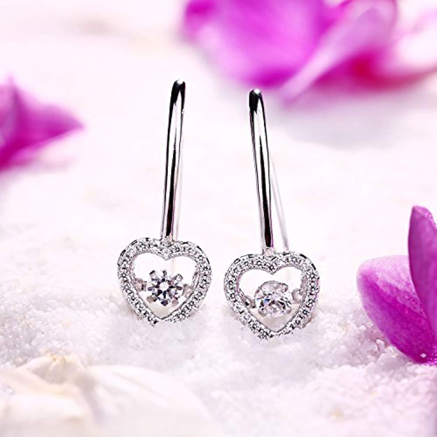 Heart Dangle Hook Earrings Sterling Silver Dancing Diamond Drop Earring Cubic Zirconia Jewelry