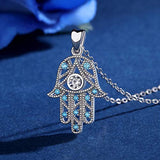 Sterling Silver Hamsa Necklace for Women CZ Evil Eye Pendant Vintage Fatima Hand Necklaces - 18