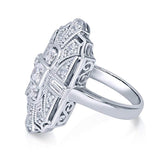Rhodium Plated Sterling Silver Cubic Zirconia CZ Statement Art Deco Milgrain Cocktail Fashion Right Hand Ring