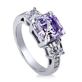 Rhodium Plated Sterling Silver Purple Asscher Cut Cubic Zirconia CZ Statement 3-Stone Anniversary Engagement Ring