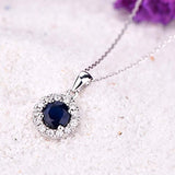 14K White Gold Natural Blue Sapphire Round Cut CZ Halo Pendant Necklace