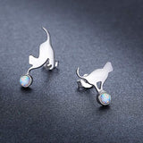  Silver Opal  Mini Cute Cat Mismatched Earrings