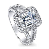 Rhodium Plated Sterling Silver Emerald Cut Cubic Zirconia CZ Statement Halo Engagement Split Shank Ring