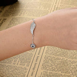 925 Sterling Silver Full White CZ Angel Wing With Evil Eye Adjustable Hand Chain Link Bracelet