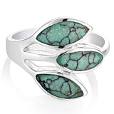 925 Sterling Silver Wrap Blue Turquoise Stone Three 3 Leaves Band Ring - Nickel Free