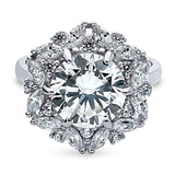 Rhodium Plated Sterling Silver Round Cubic Zirconia CZ Statement Halo Art Deco Flower Cocktail Fashion Right Hand Ring