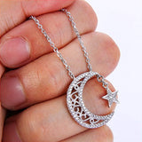 925 Sterling Silver CZ Bling Crescent Moon and Star Pendant Necklace Clear