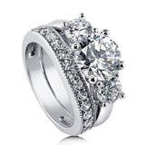 Rhodium Plated Sterling Silver Round Cubic Zirconia CZ 3-Stone Anniversary Engagement Wedding Ring Set