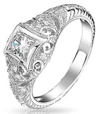 Deco Style Square Bezel Solitaire Round CZ Milgrain Engagement Ring For Women 925 Sterling Silver