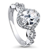 Rhodium Plated Sterling Silver Oval Cut Cubic Zirconia CZ Solitaire Woven Engagement Ring