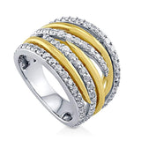 Rhodium and Gold Plated Sterling Silver Cubic Zirconia CZ Statement Woven Cocktail Fashion Right Hand Ring