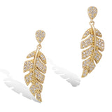 Yellow Gold plated  Leaf Olive Branch Feather Cubic Zirconia Dangle Earrings Fashion Jewelry