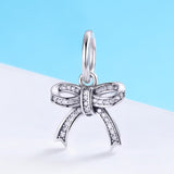 S925 sterling silver Oxidized zirconia sweet Ribbon Bow Dangles Charms