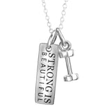 Dumbell Gym Jewelry 925 Sterling Silver Strong Is Beautiful Pendant Neckalce With 18inch Chain