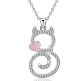 Heart Shaped Cute Crystal Cat Pendant S925 Sterling Silver Necklace Animal Jewelry