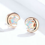 Genuine 925 Sterling Silver Moon and Star 2 Colors Opal Stud Earrings for Women Wedding Statement Jewelry