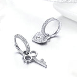 Classic 100% 925 Sterling Silver Love Heart Shape Key Lock Drop Earrings for Women Wedding Engagement Jewelry