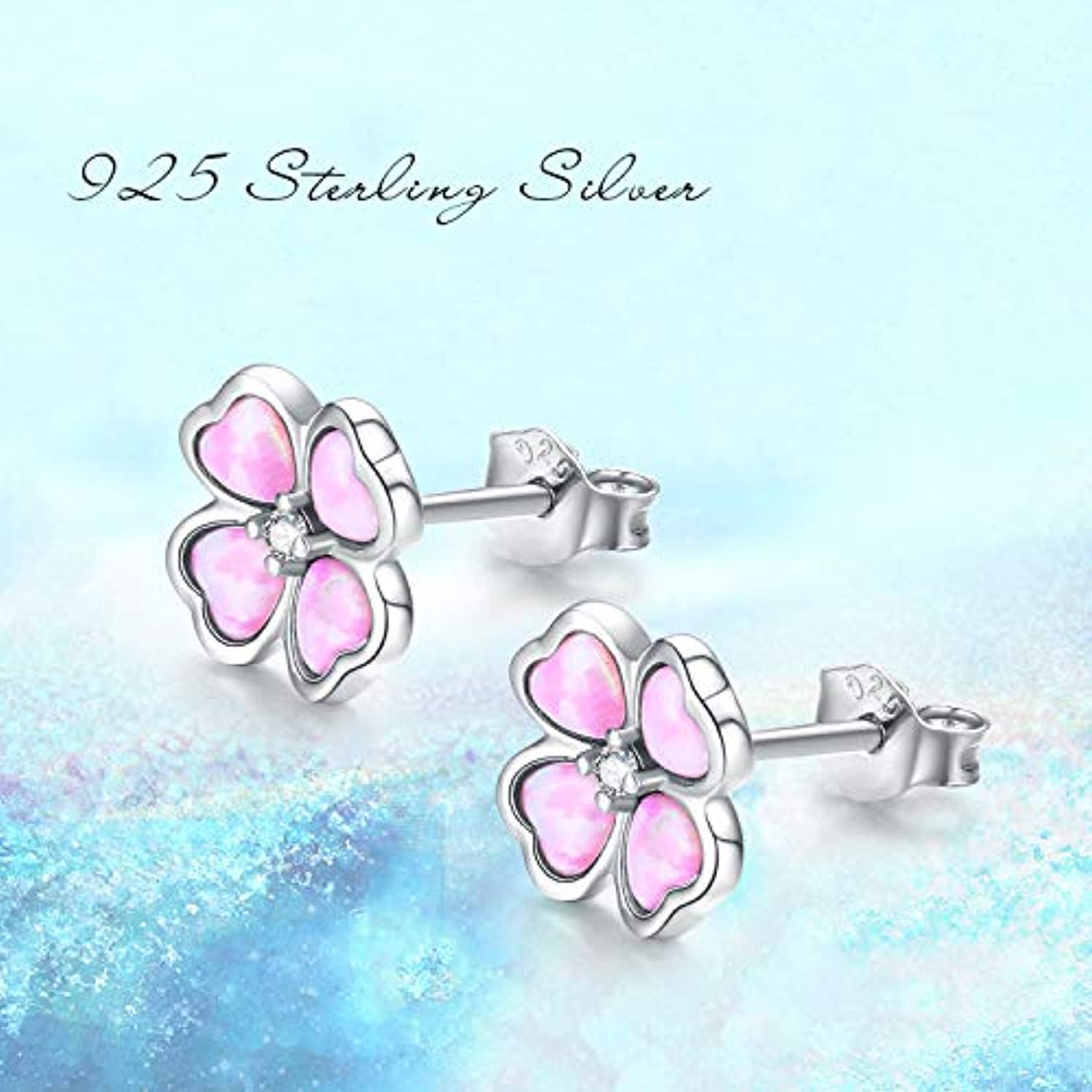 Sterling Silver Opal Four-leaf Clover Stud Earrings Flower Earrings Lucky Pink Opal Earrings  for Women Teen